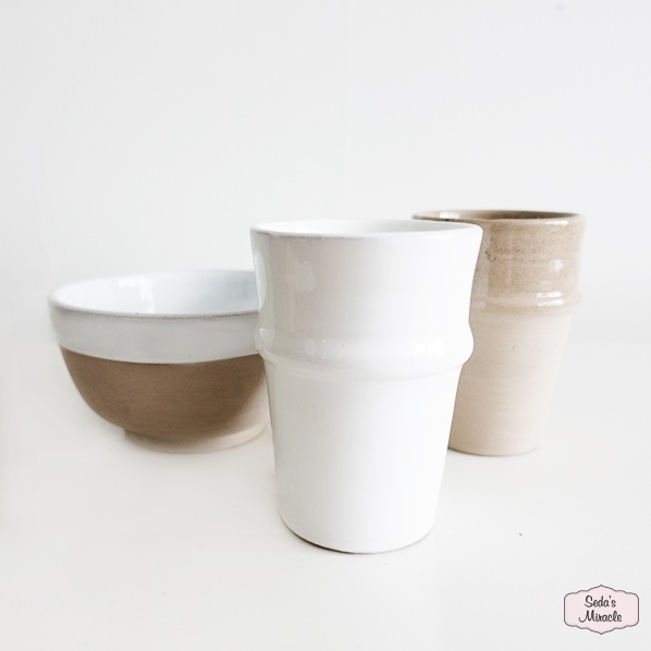 Handmade Moroccan beldi mug, white and sand color and a handmade Moroccan clay bowl Handmade Moroccan beldi mug, white and sand color and a handmade Moroccan clay bowl