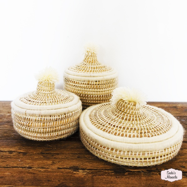 Handmade Moroccan Berber pom baskets, white Handmade Moroccan Berber pom baskets, white