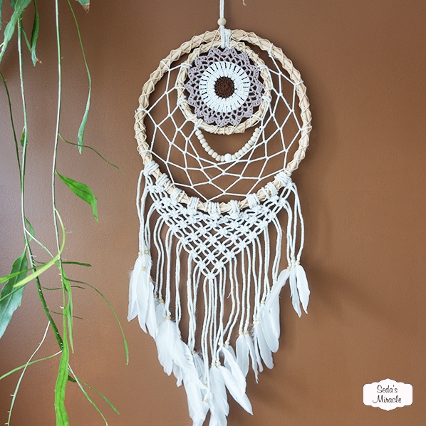 Handmade Fair Trade dreamcatcher, white purple brown, large
