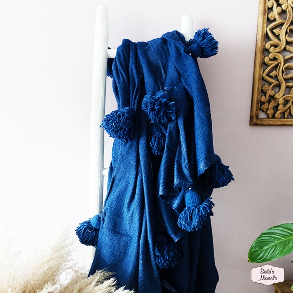 Marokkaanse Berber pompom deken, blauw, large